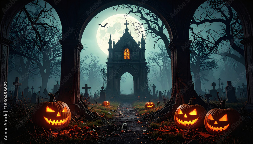 Fototapeta premium Glowing Jack O Lantern Pumpkins Around Tombstones in Spooky Ancient Graveyard with Gothic Haunted Mansion Twisted Bare Trees and Misty Night Sky Halloween Horror Scene