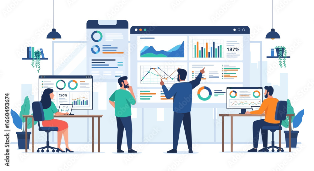 Teamwork Data Analysis In Modern Office Illustration Concept