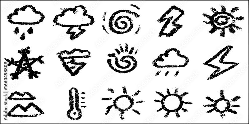 Fototapeta premium Playful meteorology icons set featuring clouds, rain, and sun