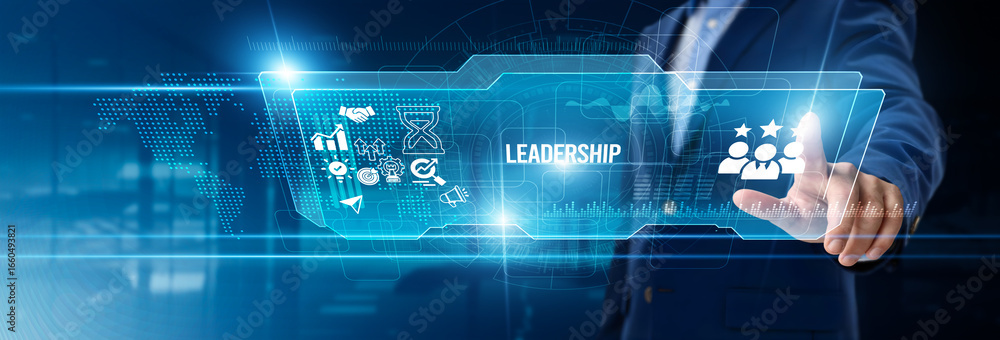 Obraz premium Businessman touching leadership on digital screen, team guidance, strategic vision, performance evaluation, decision-making, motivation, organizational growth, planning, management insights