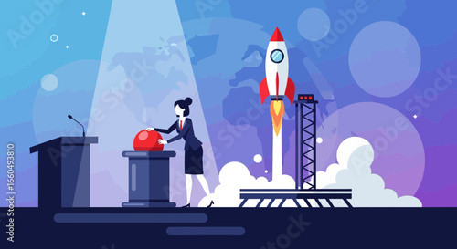 Woman Launching Rocket By Pressing Red Button, Business Startup Concept