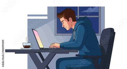 Young Man Working Late On Laptop With A Cup Of Coffee