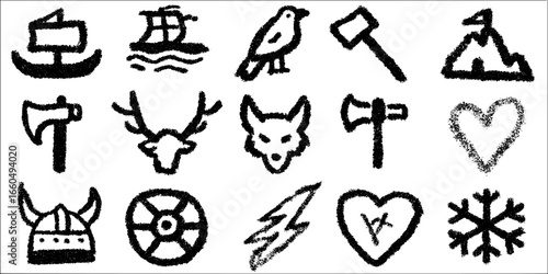 Nordic icon doodle set featuring longship, helmet, and viking symbols