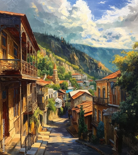 A picturesque hillside village with colorful houses and a stunning mountain backdrop under a vibrant sky.