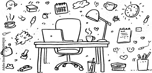 Whimsical office desk doodle set featuring chair, laptop, and accessories for creative workspaces