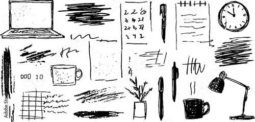 Creative office elements doodle set with laptop, notebook, and supplies