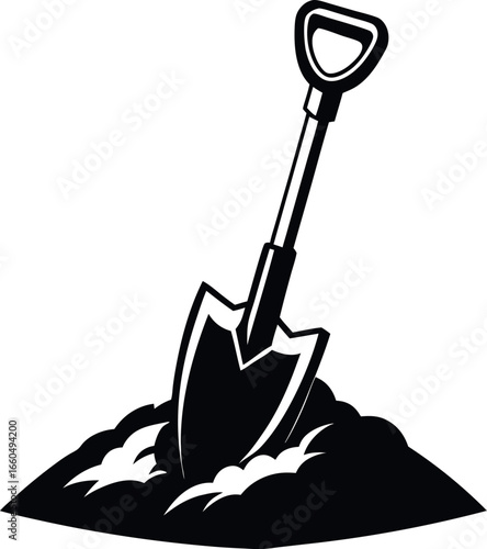 Shovel in Soil Black and White Vector Illustration for Gardening and Landscaping