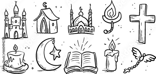 Religion and faith doodle collection: church, mosque, temple, and spiritual symbols