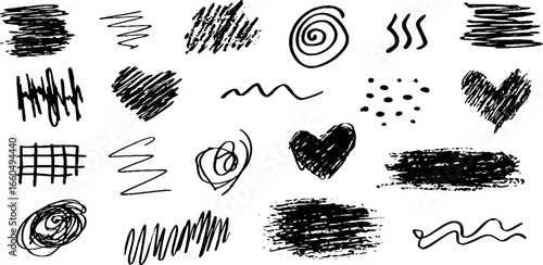 Hand drawn doodle set of seamless elements featuring hearts, dots, and stripes for creative design