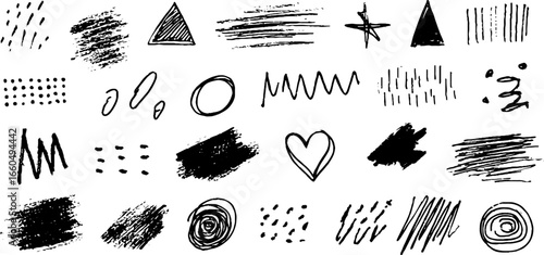 Hand drawn doodle set with seamless dots and stripes elements for creative design
