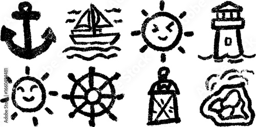 Nautical doodle set featuring anchor, ship, sun, lighthouse, and sea icons for design