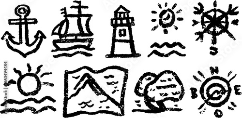 Nautical doodle set with shipping icons, anchor, and ship sketches for design projects