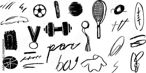 Hand drawn doodle set of sport icons with football, basketball, and fitness equipment