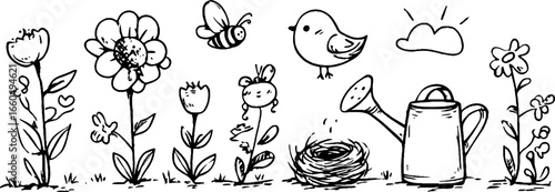 Whimsical spring doodle set with flowers, butterflies, and bees for creative designs