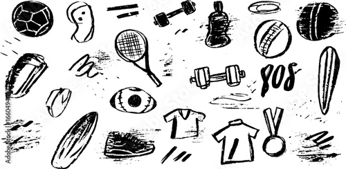 Hand drawn doodle set of sport icons featuring football and basketball elements for design