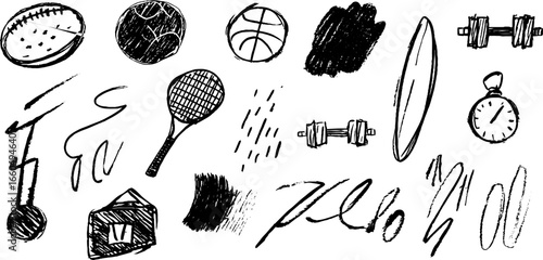 Hand drawn doodle set of sport icons featuring football and basketball