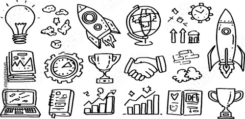 Creative doodle collection of startup symbols including light bulb, rocket, and graphs