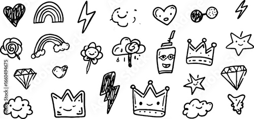Whimsical doodle set of rainbow, star, and heart stickers for creative designs