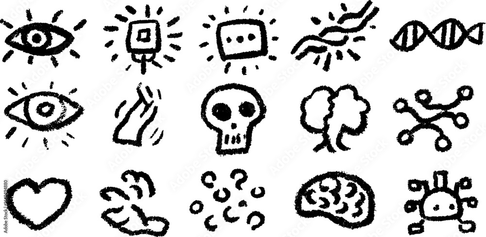 Fototapeta premium Hand drawn doodle set of transhumanism elements including cyborg eye and bionic concepts for design use