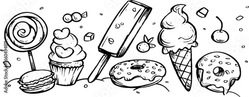 Doodle set of sweets featuring lollipop, chocolate bar, and ice cream for design and craft projects