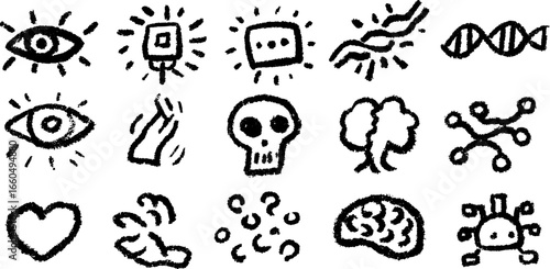 Hand drawn doodle set of transhumanism elements including cyborg eye and bionic concepts for design use