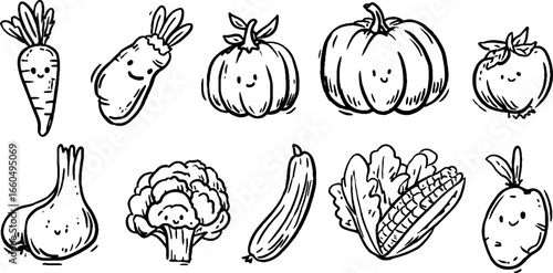 Cute doodle set of vegetables with carrot tomato cucumber and more for design