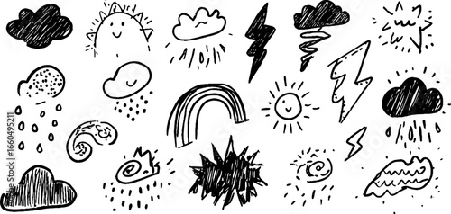 Hand drawn doodle set of weather symbols featuring clouds, storms, and rain elements for design