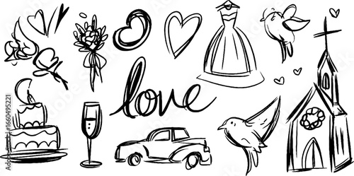 Whimsical wedding icons set with rings, bouquet, and romantic elements for design