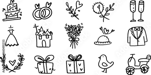 Whimsical wedding doodle set with rings, cake, and champagne for invitations