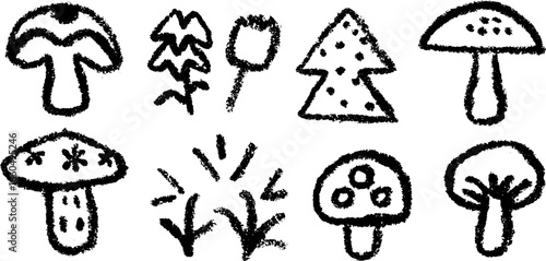 Hand drawn doodle set of wild mushrooms including chanterelle and porc for design or poster