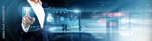 Businessman touching budget on digital screen. financial planning, cost optimization, resource allocation, expenditure tracking, fiscal strategy, corporate savings, investment planning