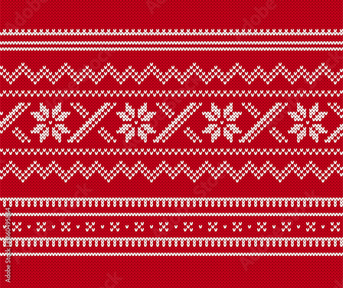 Holiday geometric pattern. Christmas traditional background with snowflakes. Xmas winter knit seamless print. Red knitted sweater texture. wool pullover ornament. Festive crochet. Vector illustration