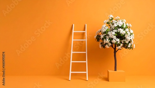 White ladder and flower tree on orange background