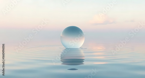 Serene Glass Sphere Floating on Calm Water at Dawn, Minimalist Pastel Palette, Tranquil Mood