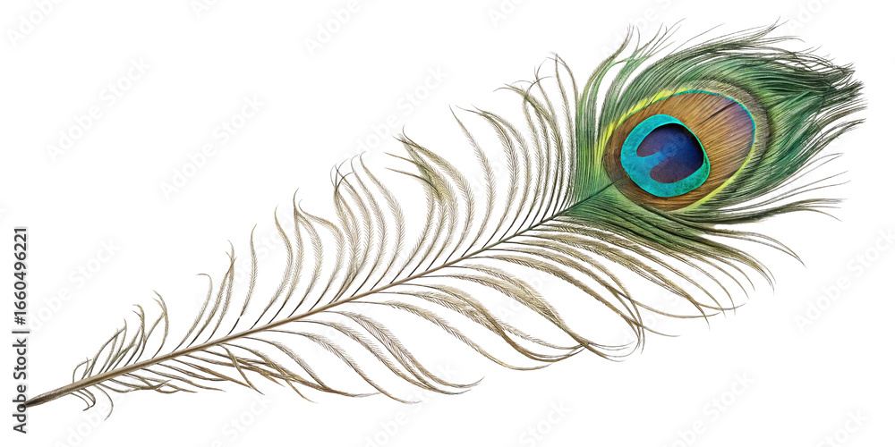 Obraz premium Single Peacock Feather, Eyespot Detail, Isolated on Transparent Background, Bird Feather, Nature, Peacock, Feather, Eyespot
