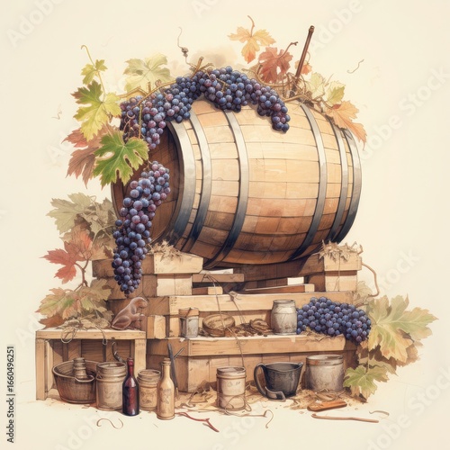 An artistic illustration of a wooden wine barrel surrounded by fresh grapes and rustic wine-making tools.