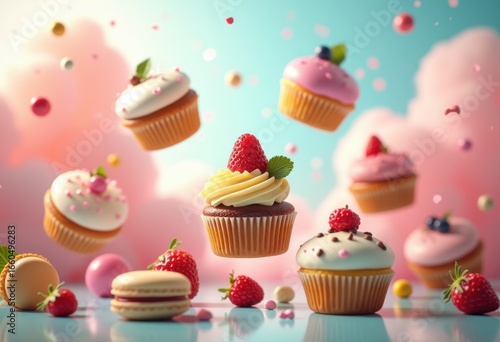 Wallpaper Mural floating desserts surrounded colorful ingredients whimsical palette edible art tempting treats delightful experience, candy, fruit, syrup, cream, gelatin Torontodigital.ca