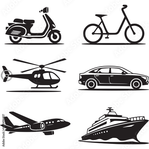 Illustration of various modes of transportation including a scooter, bicycle, helicopter, car, airplane, and ship isolated on white background