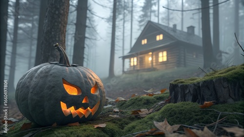 Spooky halloween scene with jack o lantern pumpkin and haunted cabin in misty forest at dusk