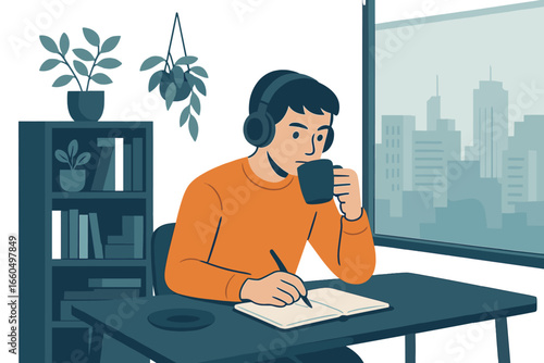 A man sits by a window, sipping coffee, writing, and listening to music