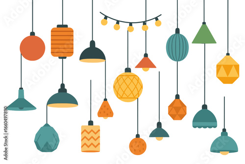 Hanging lamps. Modern ceiling pendant light with different lampshades, creative electric home room decoration, contemporary illumination equipment. Vector isolated set