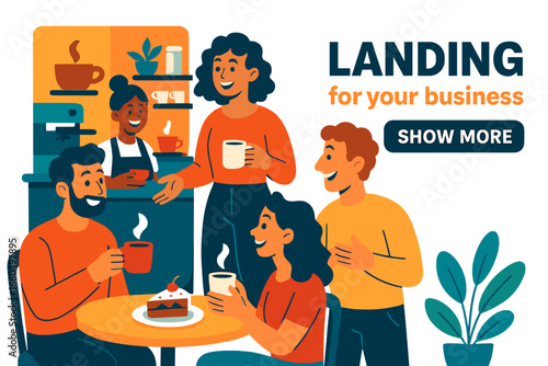 Flat vector illustration of office workers having lunch at a cafeteria, where employees are standing in line, serving themselves, and engaging in conversation, representing a communication concept