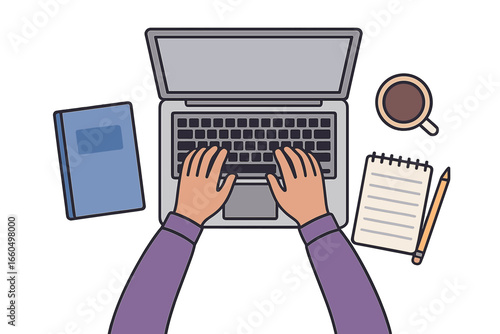 Female studying at desk with laptops and books in university campus, cafe or office workplace, woman working in workspace, business interior design vector illustration
