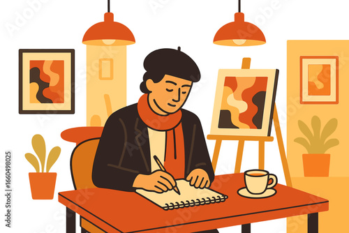A young artist sits in a cafe surrounded by his artwork on display as he creates new sketches