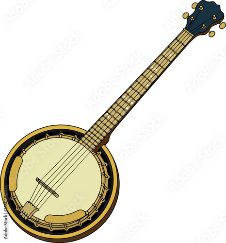 Folk banjo musical instrument acoustic string sound lively country bluegrass americana vector
