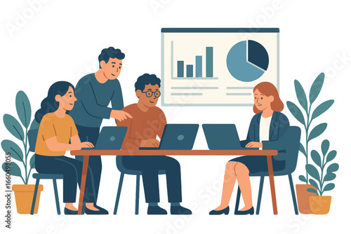 Minimalist vector illustration depicting a dynamic office environment where employees participate in collaborative discussions and project planning, embodying a culture of teamwork and creativity