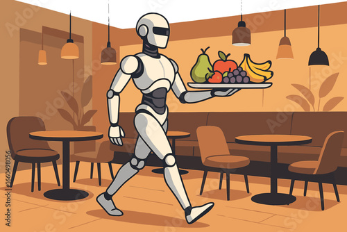 Vector illustration of a robot waiter serving food in a modern cafe with a flat design