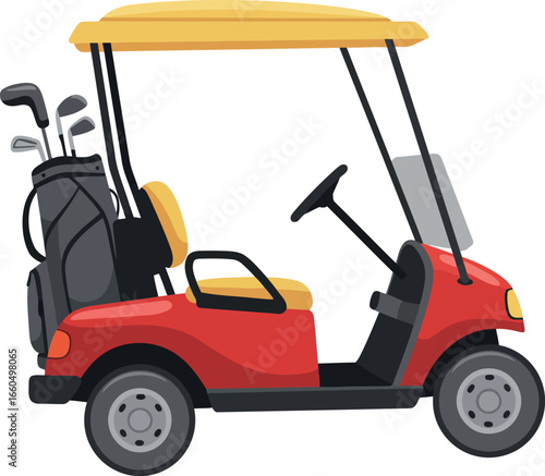 Red golf cart with yellow canopy and golf clubs ready for play vector