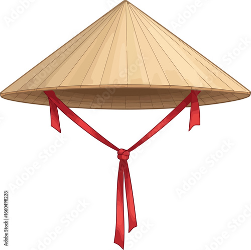 Authentic asian conical hat with red ribbons traditional culture and travel symbol vector