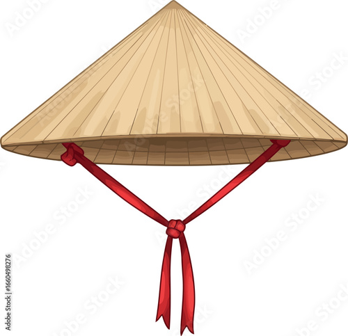 Traditional asian conical straw hat with red ribbons for sun protection vector